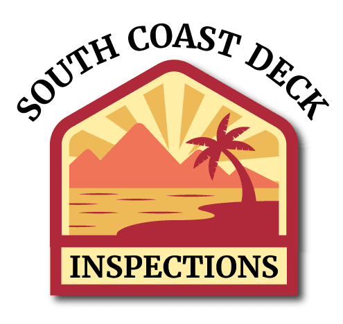 South Coast Deck Inspections logo with a beautiful sunset image and palm tree.