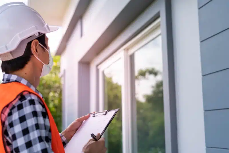 Construction inspector wearing a hard hat, safety vest, and mask examining a residential building window with a clipboard in hand.